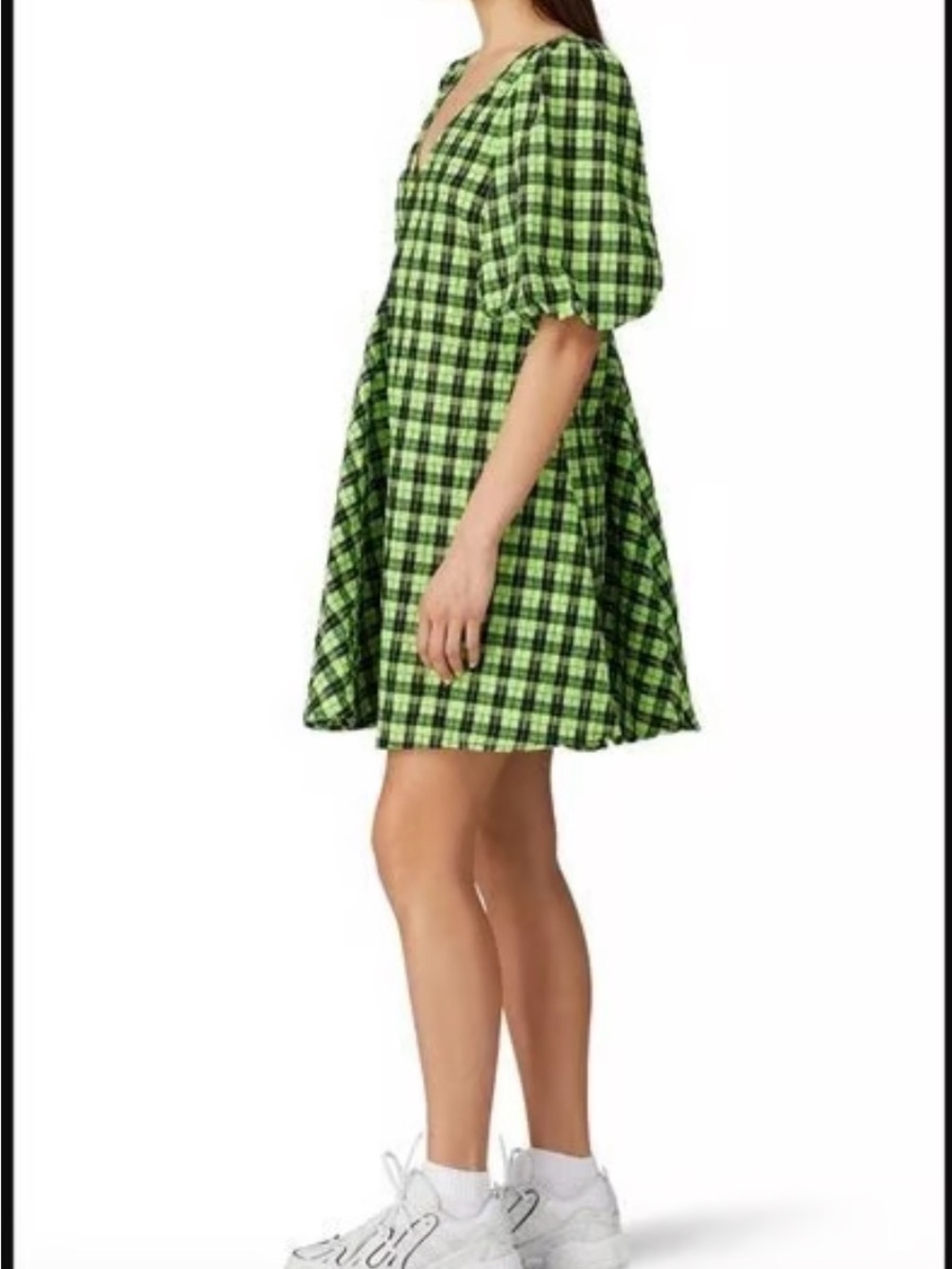 Ganni Neon Green Check Puff-Sleeve Mini Dress - Picture 3 of 10